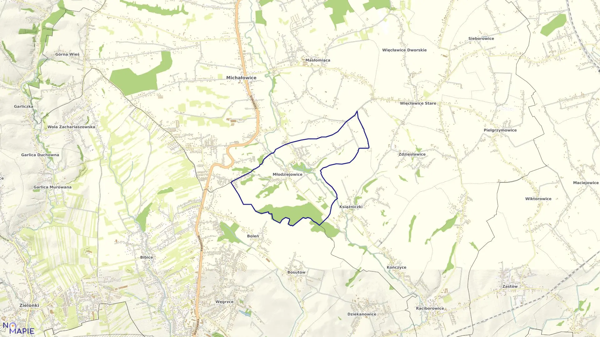 Mapa obrębu Młodziejowice w gminie Michałowice