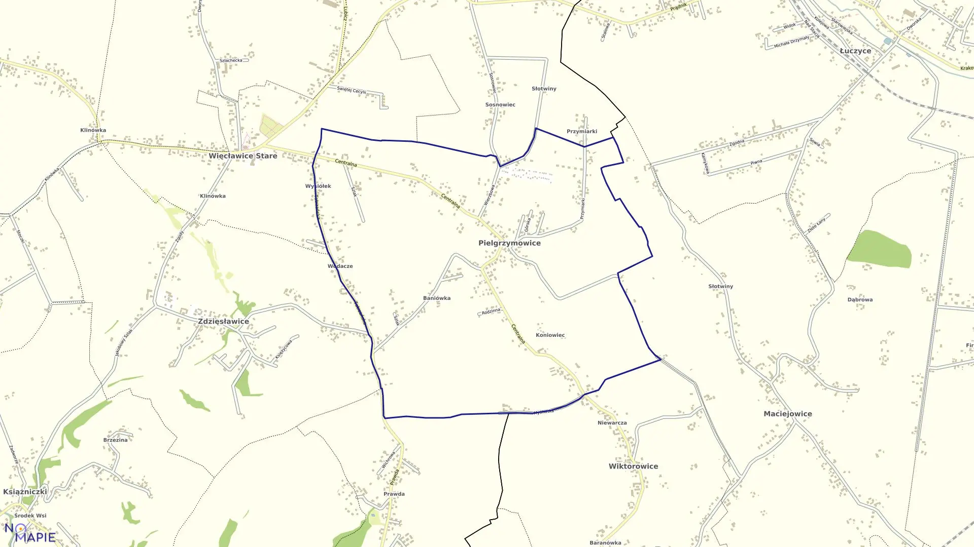 Mapa obrębu Pielgrzymowice w gminie Michałowice