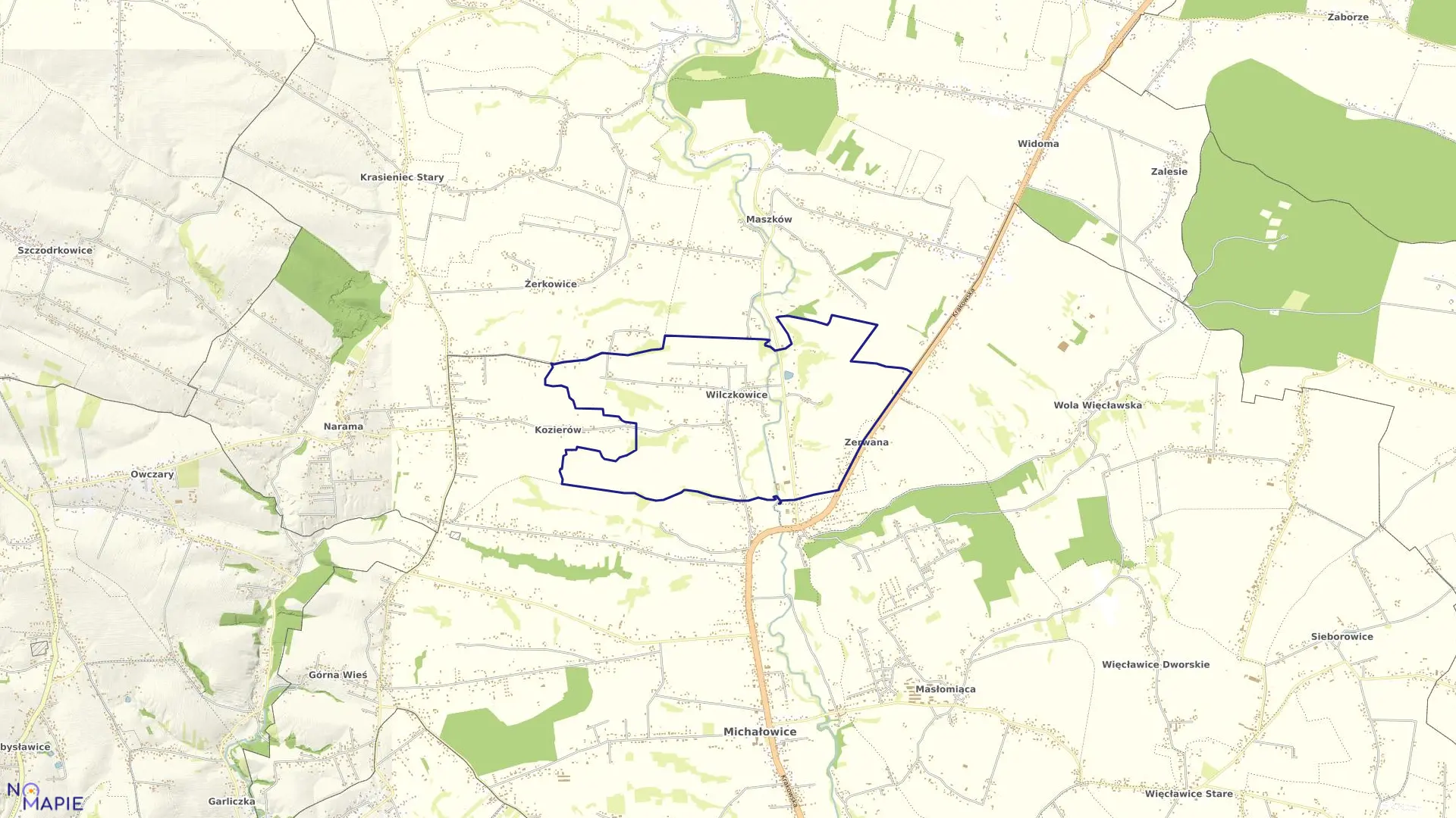 Mapa obrębu Wilczkowice w gminie Michałowice