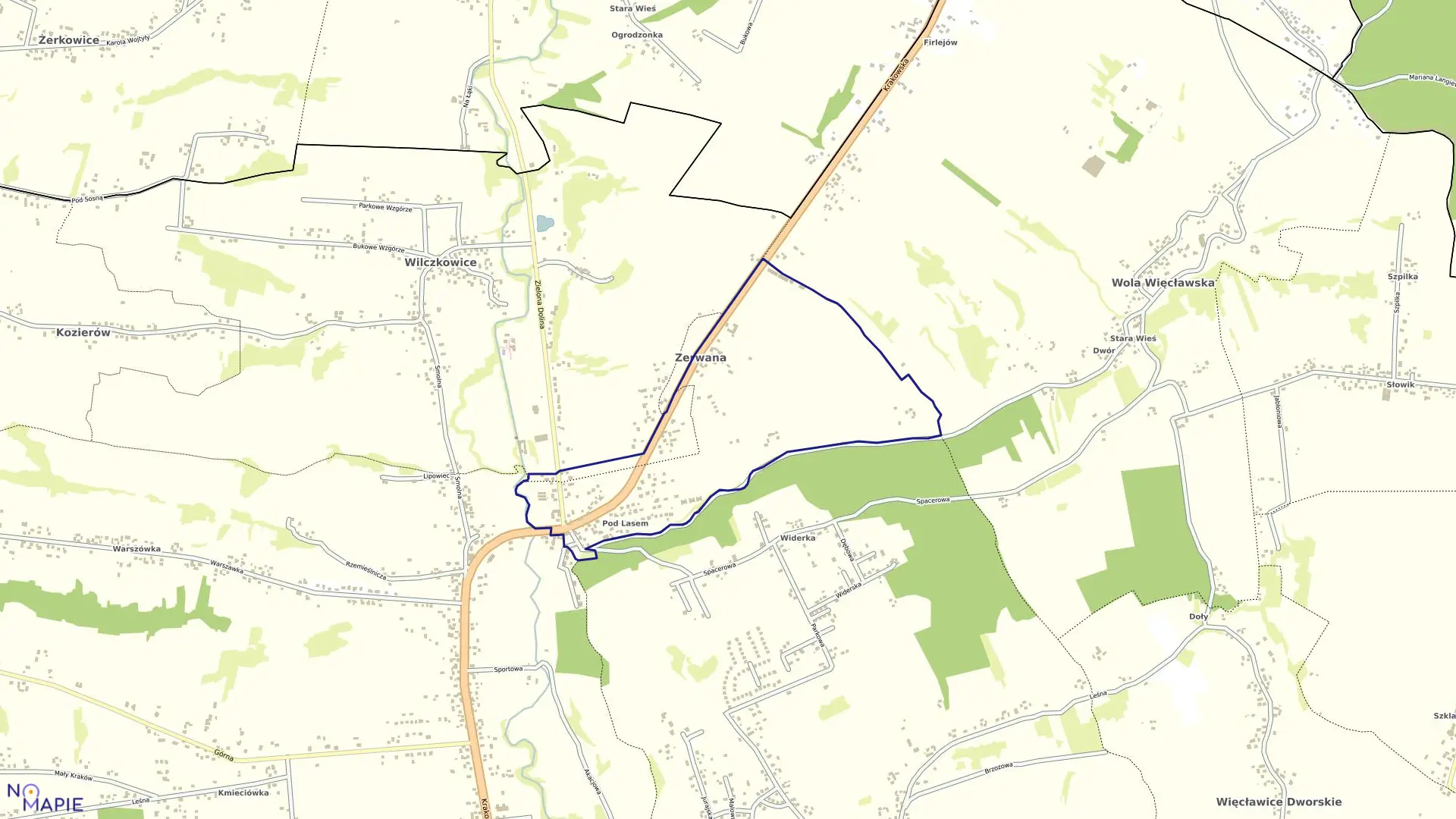 Mapa obrębu Zerwana w gminie Michałowice